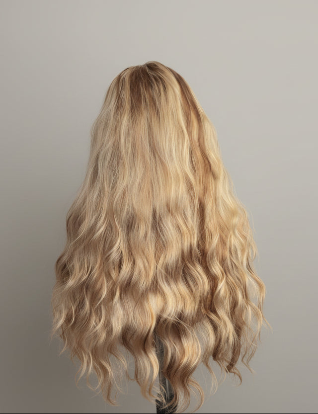 Blonde wig with wavy hair on a white background