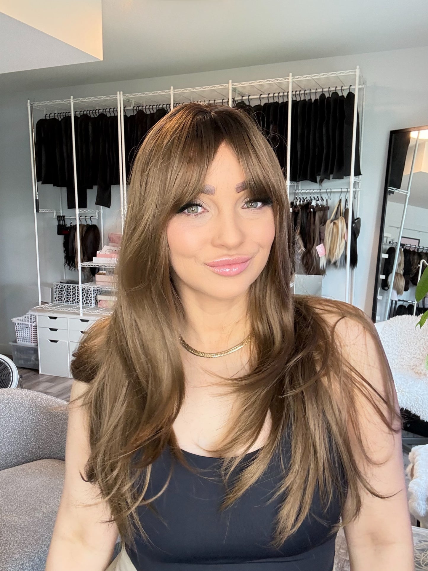 Christine Long Brunette Wig with Curtain Bangs | SWLC6344-3BR24