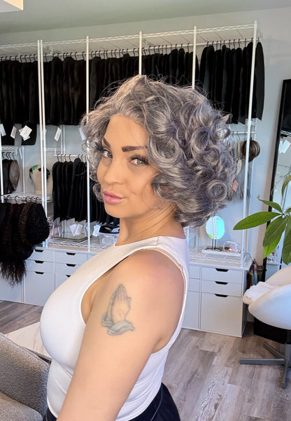 Josephine | Silver Grey Curly Lace Front Wig | 13x3 Transparent French Lace | Ready to Ship from Alberta Canada