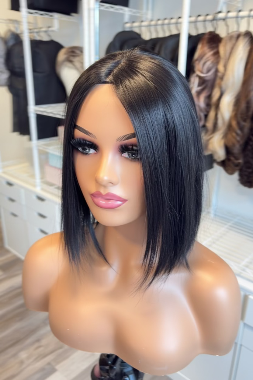 Mannequin head with a black wig in a room with clothing racks.