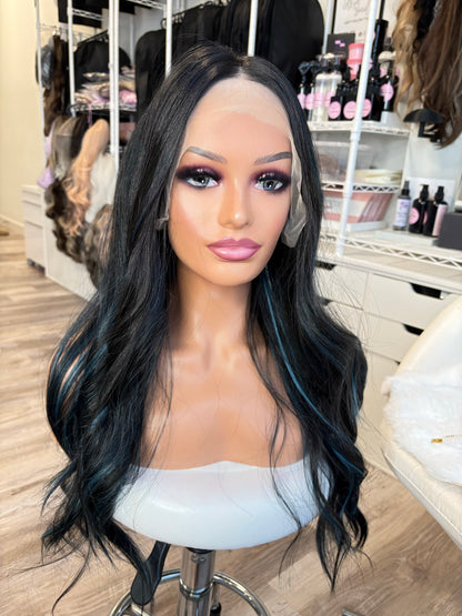 BT-1 26-inch black wig with blue highlights and 13x4 transparent lace front – The Wig Spa Canada