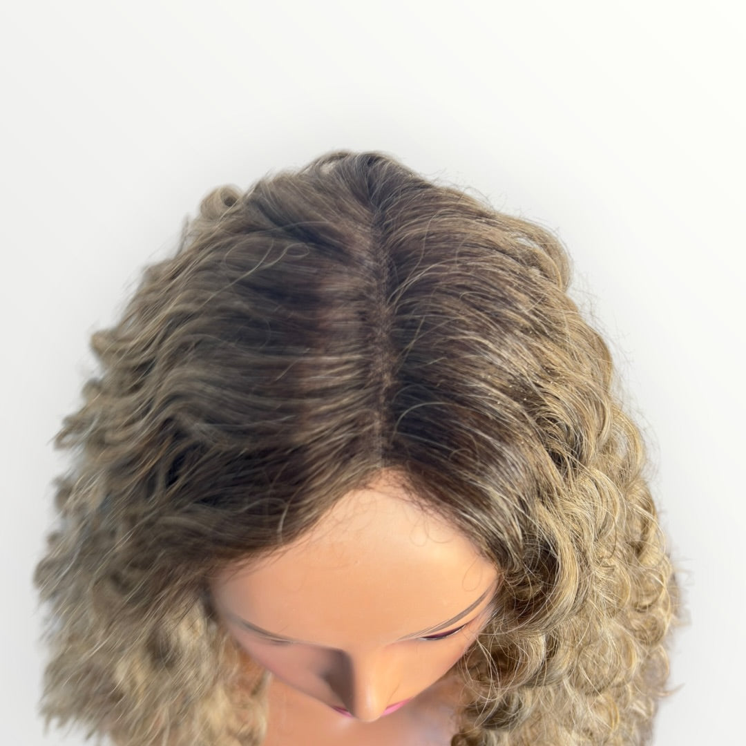 Style #33- Wig Vault | T-Part Lace | 26” | Blonde with Brown Roots Spiral Curl
