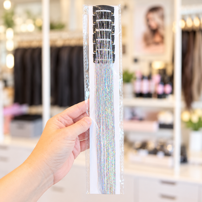 Clip-In Hair Tinsel - Silver Sparkle | 6-Pack | 20” | Wigs Canada