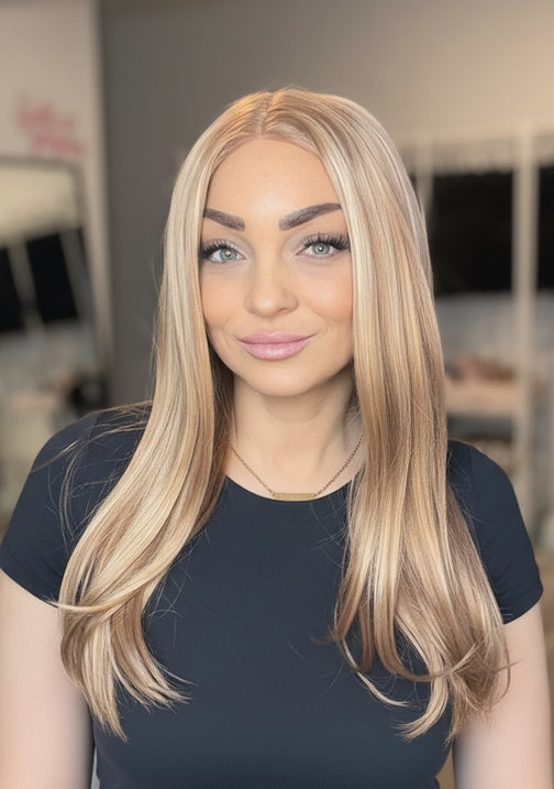 Woman with long blonde hair in a hair salon setting