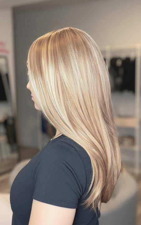 Woman with long blonde hair in a salon setting