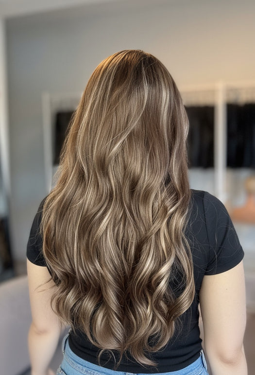Person with long, wavy hair in a salon setting