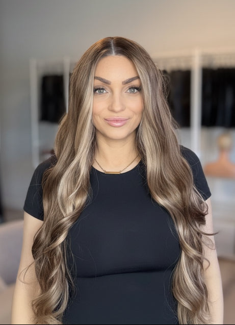 Woman with long, wavy hair in a black top and black pants standing in a room with wig racks.