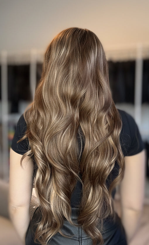 Person with long, wavy hair in a room with wig racks.