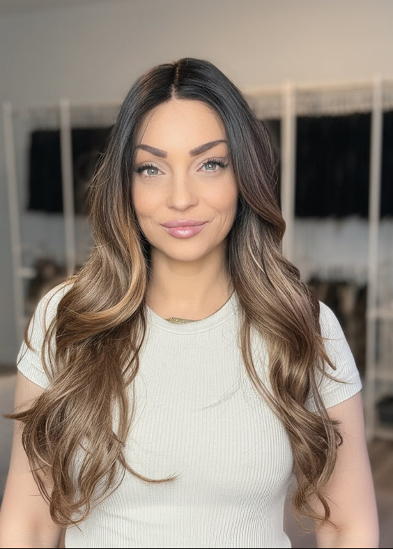 Long light curl brown roots and caramel colour