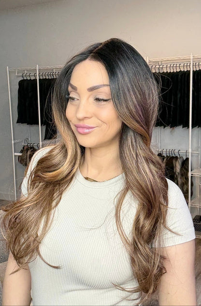 Long curl Wig monofilament top dark brown roots with ombre caramel tones