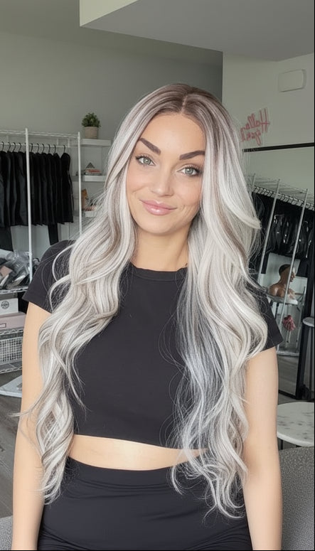 Woman with long, wavy hair in a room with clothing racks and a mirror.