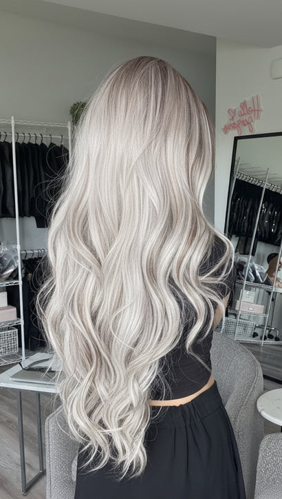 Person with long, wavy hair sitting in a salon chair.