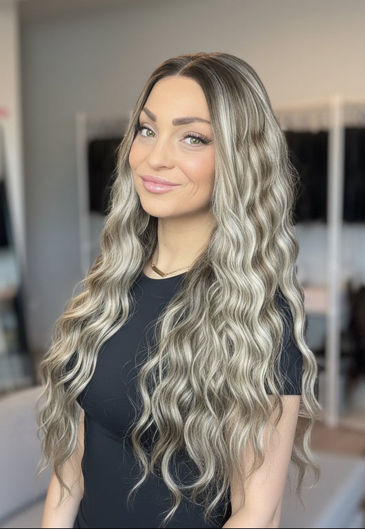 Woman with long, wavy hair in a clothing store