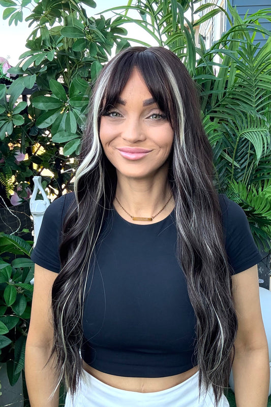 Cleo – 26” Non-Lace Wig | Soft Black-Brown Mix with Blonde Highlights | With Ban image 0