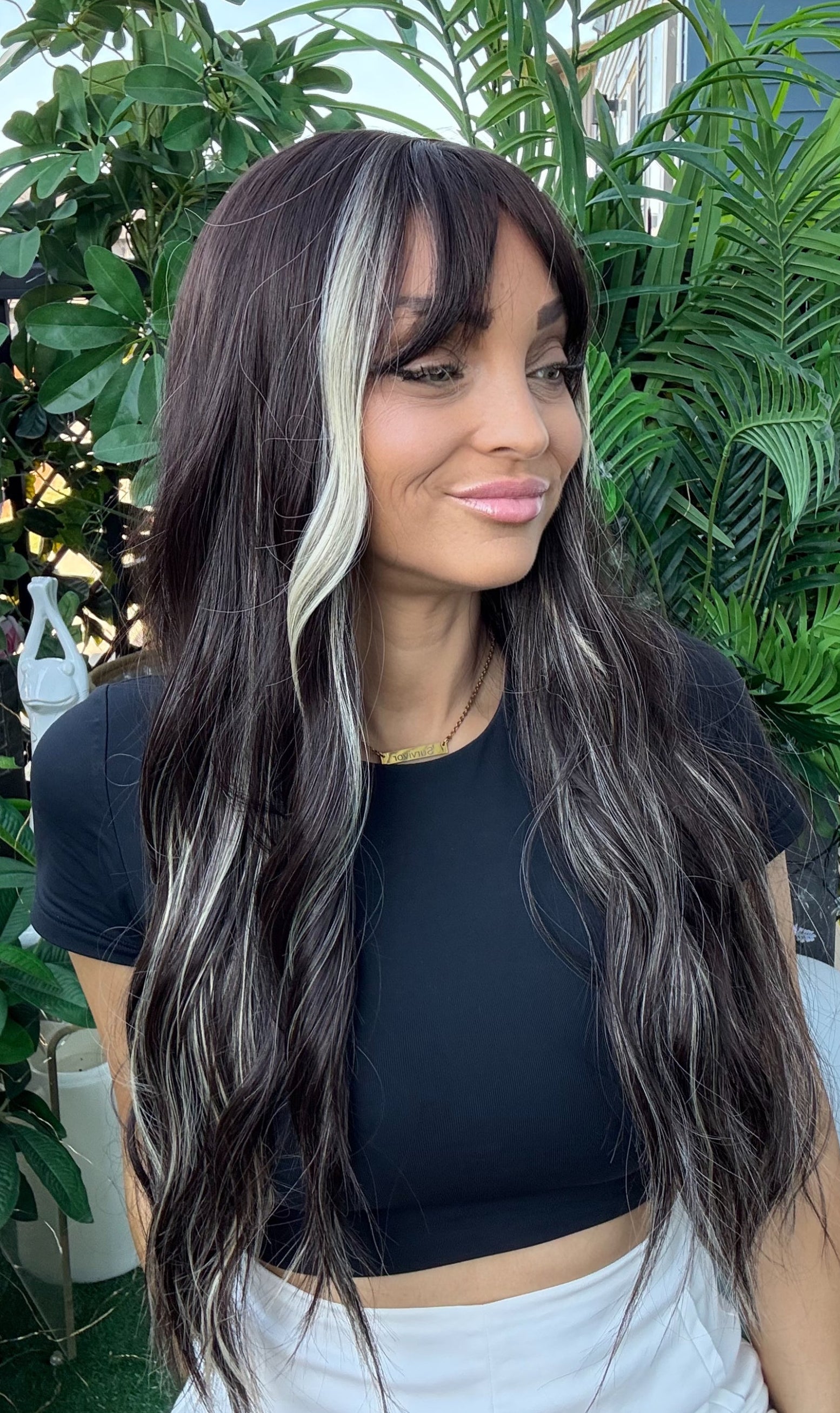 Cleo – 26” Non-Lace Wig | Soft Black-Brown Mix with Blonde Highlights | With Ban image 2