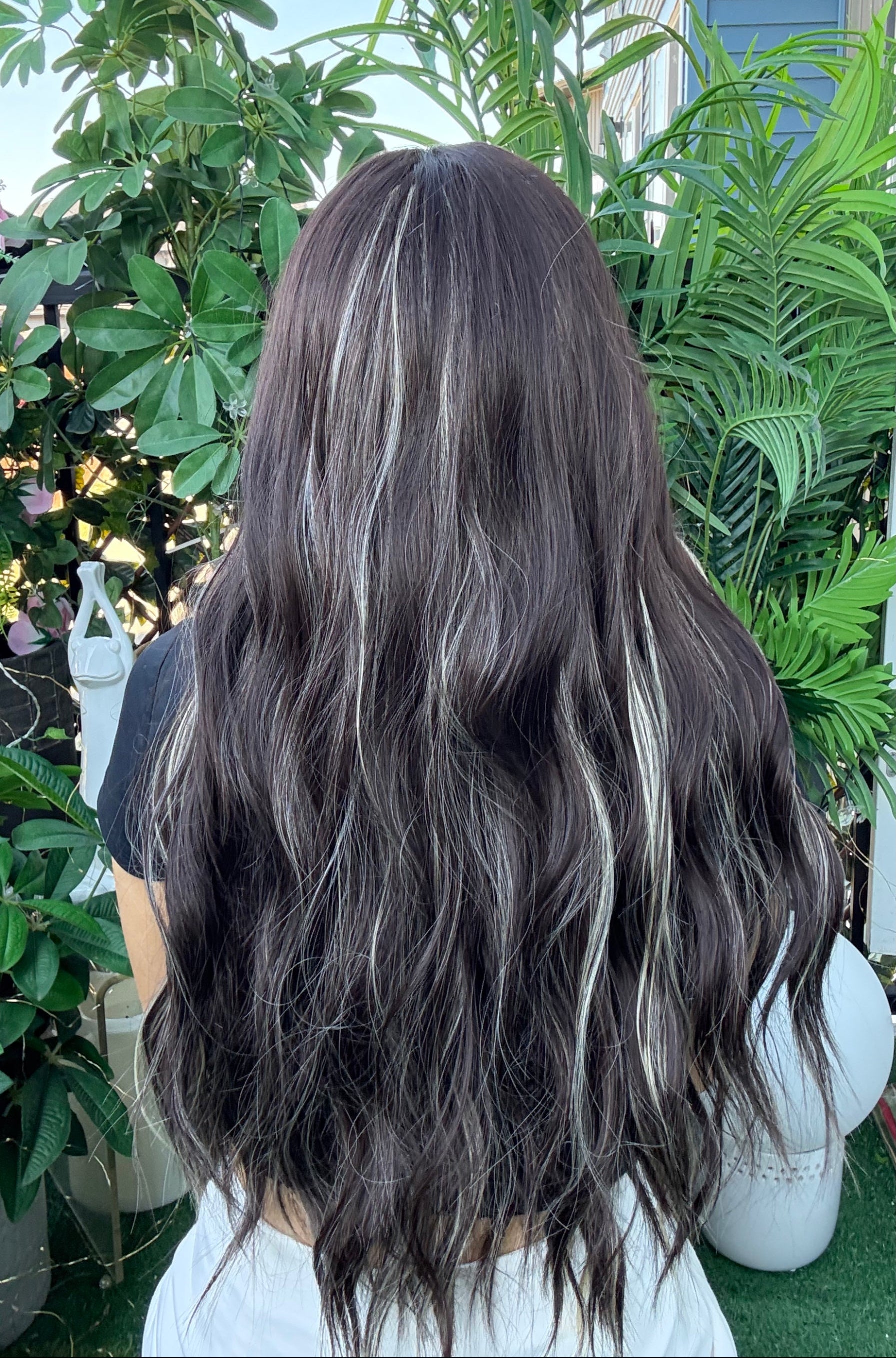 Cleo – 26” Non-Lace Wig | Soft Black-Brown Mix with Blonde Highlights | With Ban image 4