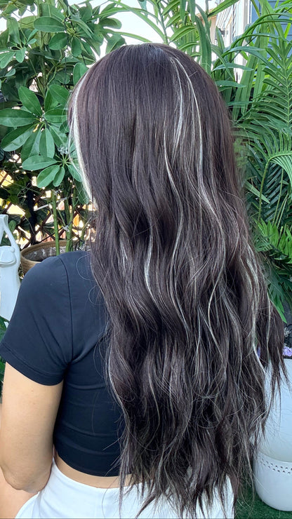 Cleo – 26” Non-Lace Wig | Soft Black-Brown Mix with Blonde Highlights | With Ban image 3