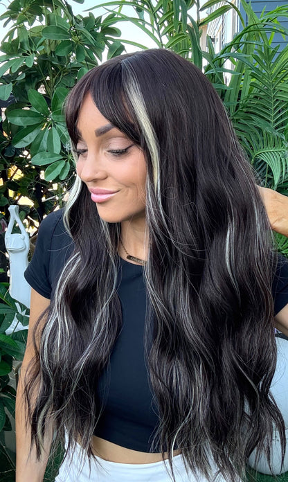 Cleo – 26” Non-Lace Wig | Soft Black-Brown Mix with Blonde Highlights | With Ban image 1