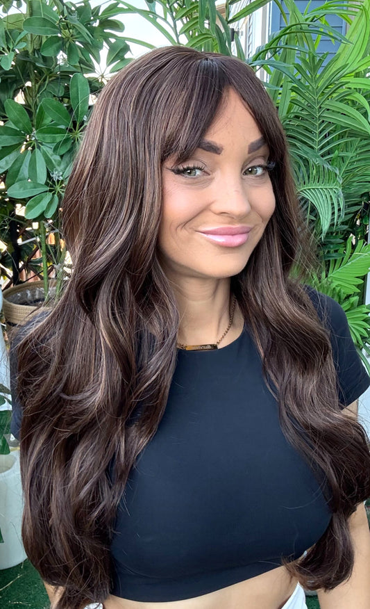 Coco - Non-Lace Wig | 26-28” | Rich Brown with Subtle Highlights + Bangs image 0