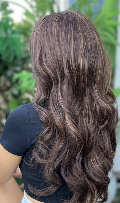 Coco - Non-Lace Wig | 26-28” | Rich Brown with Subtle Highlights + Bangs image 4