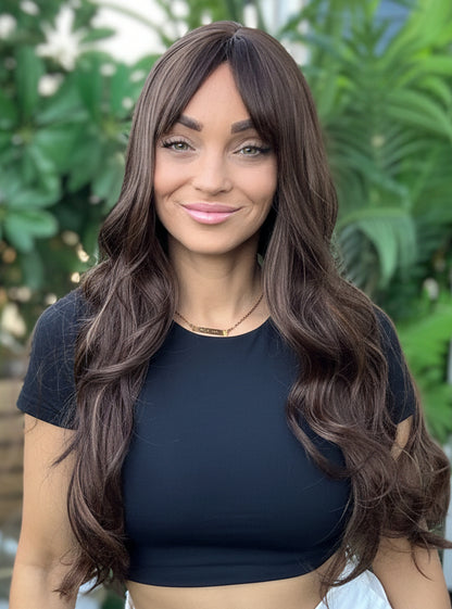 Coco - Non-Lace Wig | 26-28” | Rich Brown with Subtle Highlights + Bangs image 1