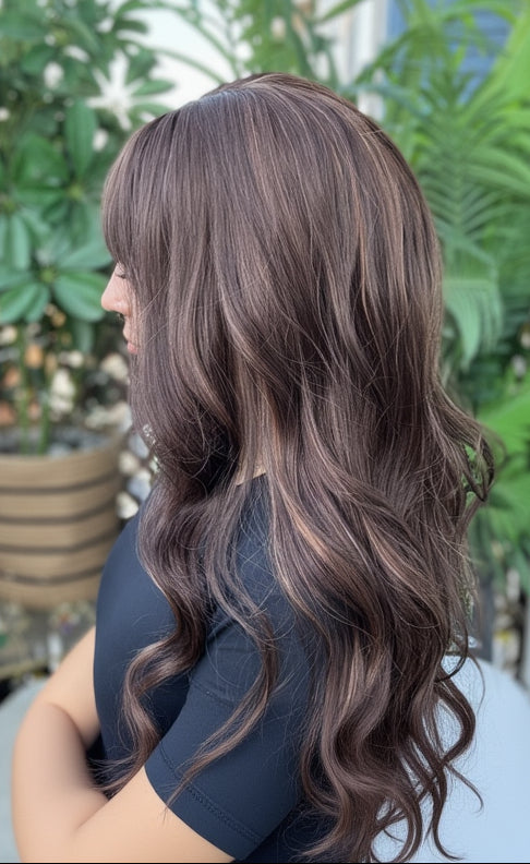 Coco - Non-Lace Wig | 26-28” | Rich Brown with Subtle Highlights + Bangs image 3