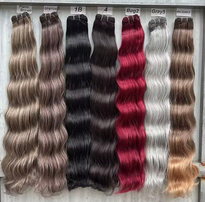 Collection of hair extensions in various colors displayed on a gray background.