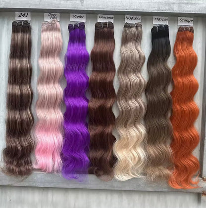 Set of wavy hair extensions in various colors displayed on a gray background.