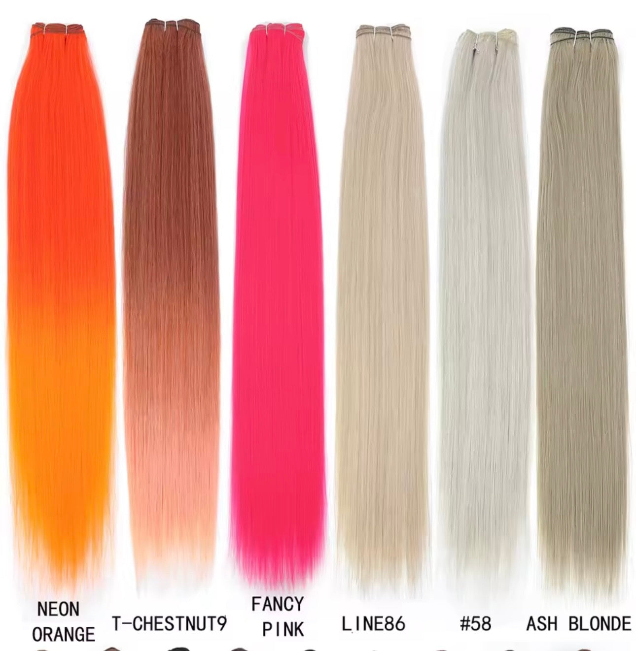 Set of hair extensions in various colors on a white background
