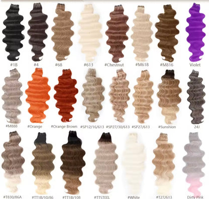 Color chart for hair extensions showing various shades with corresponding codes.