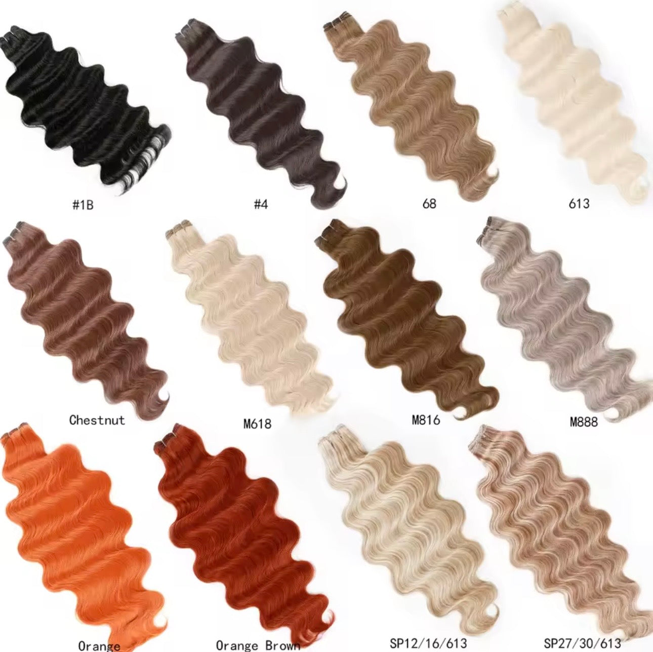 Color swatches of wavy hair extensions in various shades on a white background.