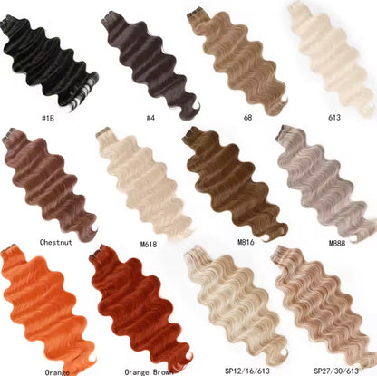 Color swatches of wavy hair extensions in various shades on a white background.