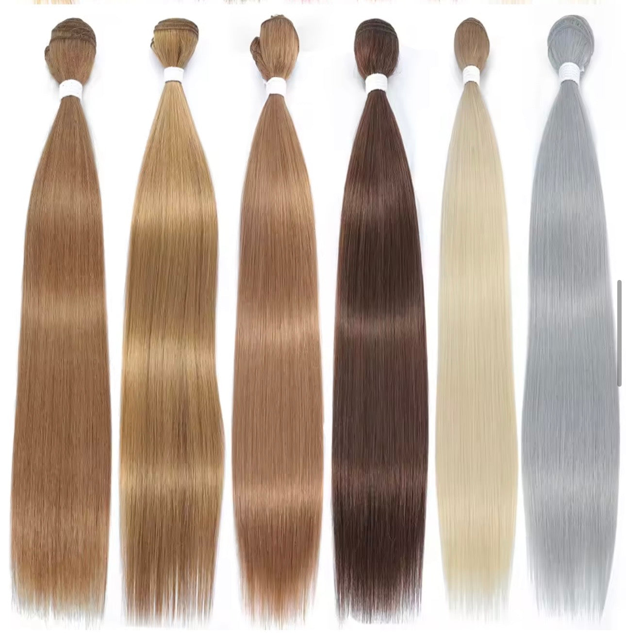 Set of six hair extensions in different colors on a white background