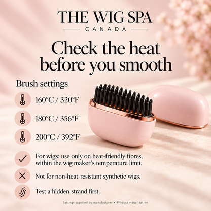 A pink and rose-gold wig styling brush with a matching cap is shown on a soft beige background with text reading 'Check the heat before you smooth' and 'Brush settings' for temperature options. Brand text 'THE WIG SPA CANADA' appears at the top.