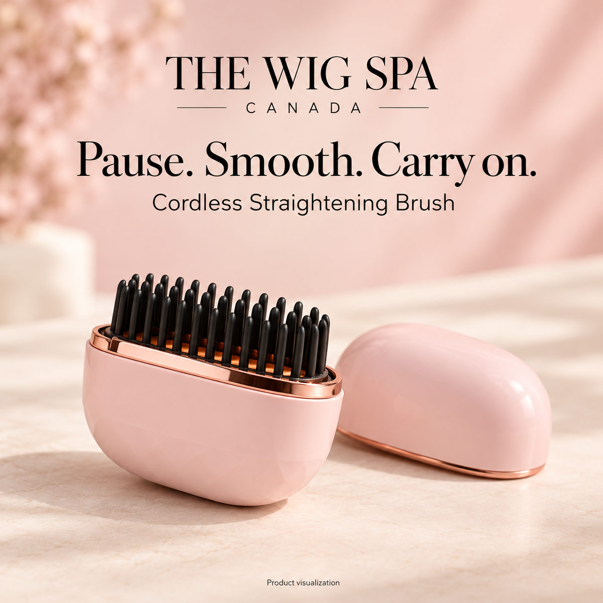 A cordless straightening brush in a glossy pale pink case with rose-gold trim and black bristles, shown open with its matching cap beside it on a soft beige surface. Large text at the top reads 'THE WIG SPA CANADA' and 'Pause.