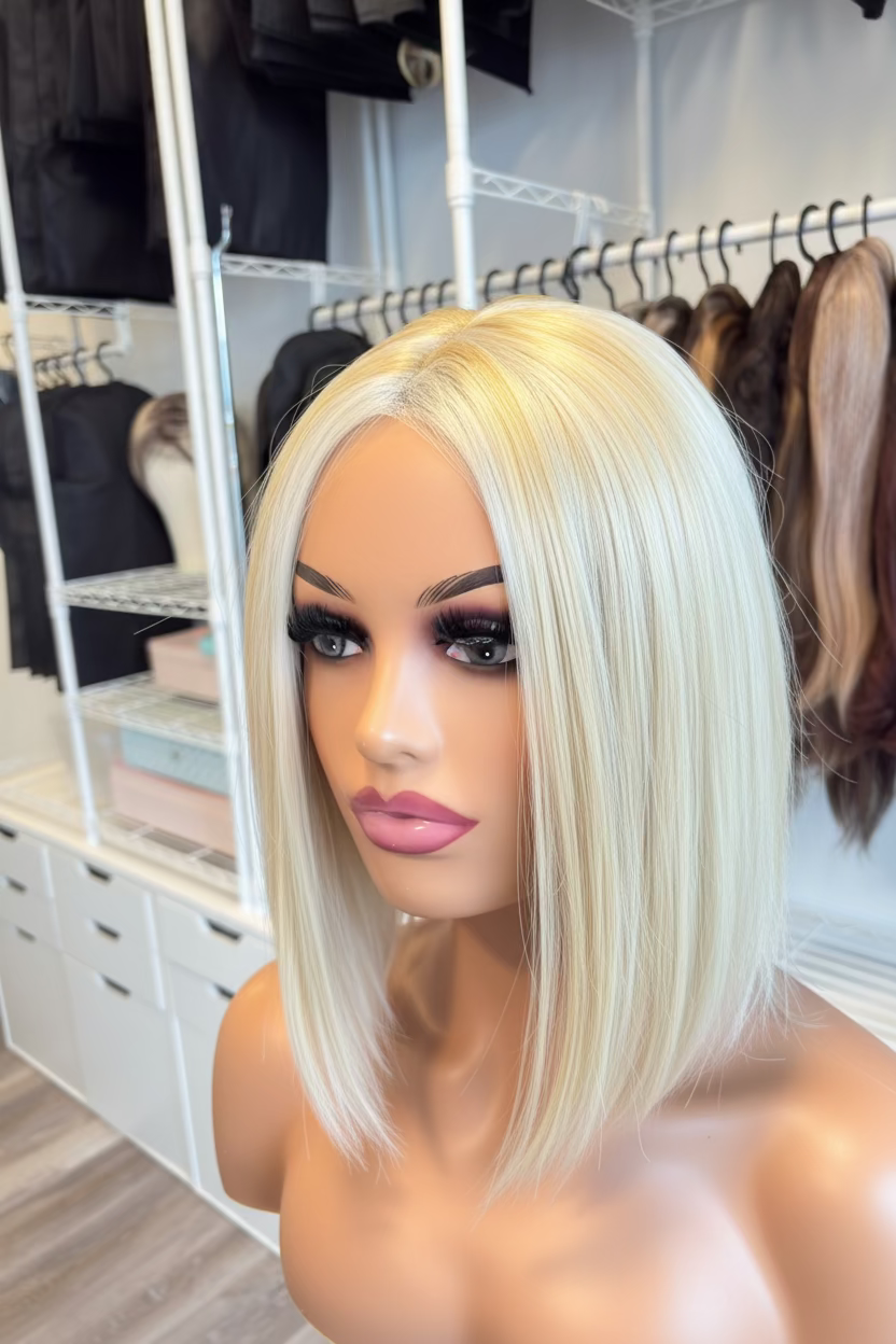 Mannequin head with a blonde wig in a store setting