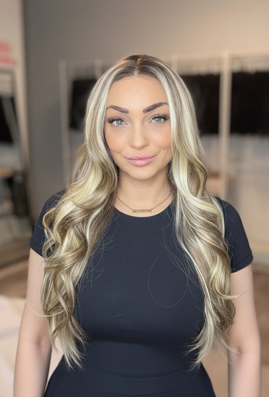 Long blonde and brown blend light curl wig
