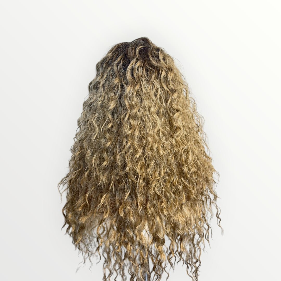 Style #33- Wig Vault | T-Part Lace | 26” | Blonde with Brown Roots Spiral Curl