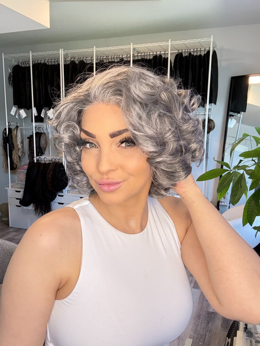 Josephine | Silver Grey Curly Lace Front Wig | 13x3 Transparent French Lace | Ready to Ship from Alberta Canada