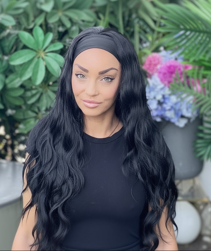 Ebony – Headband Wig | 28” | Soft Black | Now Available in Straight or Wavy image 1