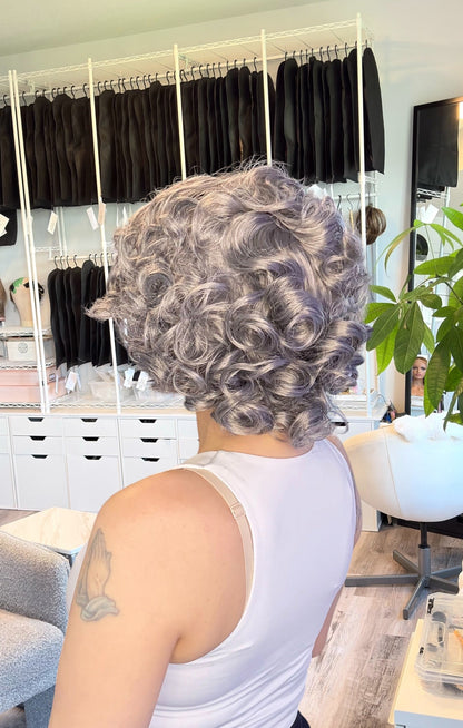 Josephine | Silver Grey Curly Lace Front Wig | 13x3 Transparent French Lace | Ready to Ship from Alberta Canada