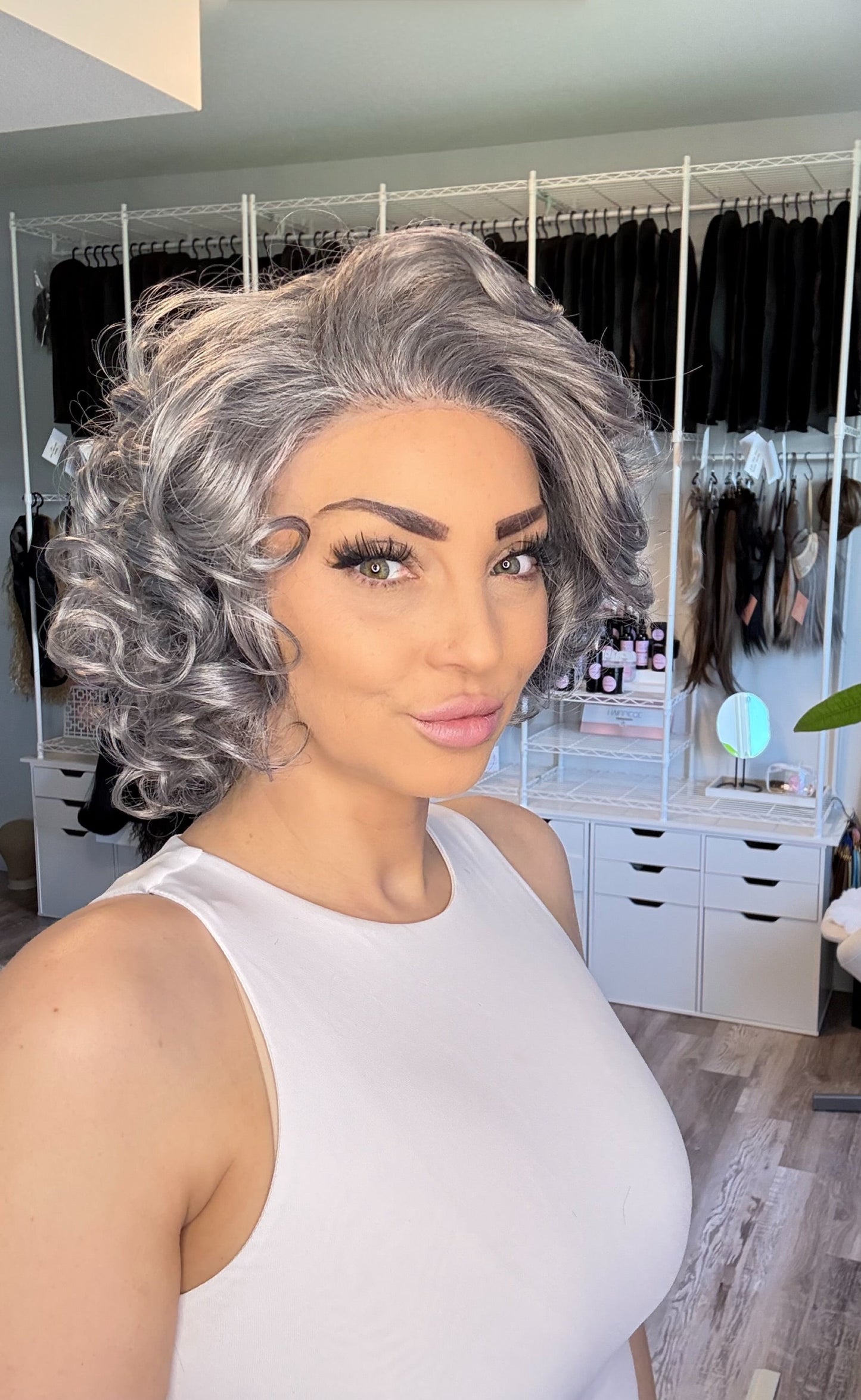 Josephine | Silver Grey Curly Lace Front Wig | 13x3 Transparent French Lace | Ready to Ship from Alberta Canada