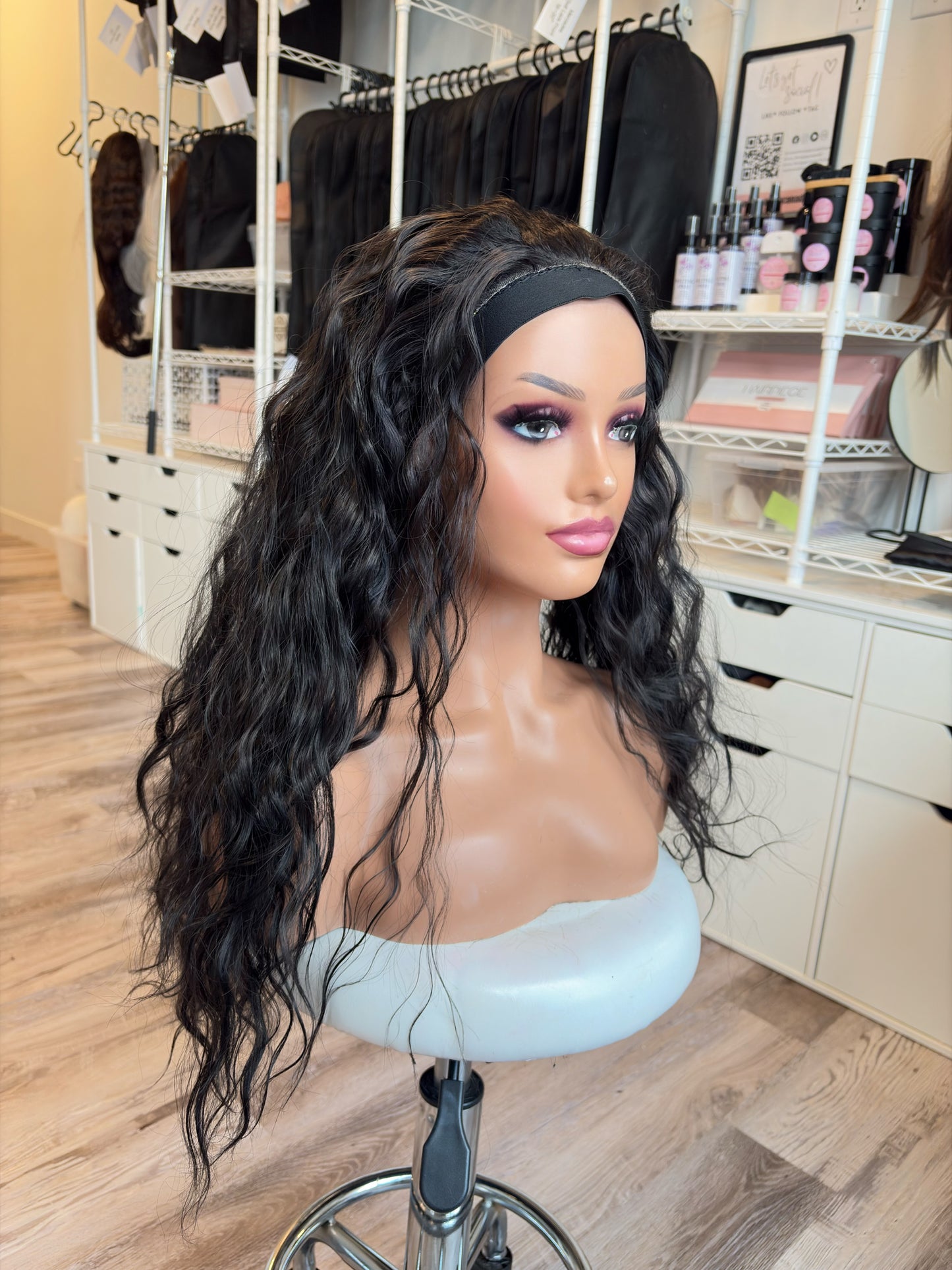 Jorden – Custom Ponytail Headband Wig | Handmade | Silicone Lined | Drawstring Fit | Dark Espresso Brown