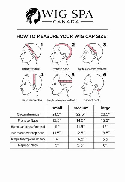 Instructional chart for measuring wig cap size with illustrations and measurements.
