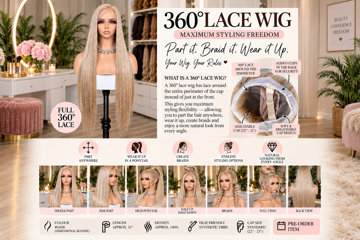 A promotional infographic for a 360-degree lace wig, showing a model wearing the light blonde wig from multiple angles, with diagrams of the cap construction, styling options, and feature callouts on a white background with pink accents.