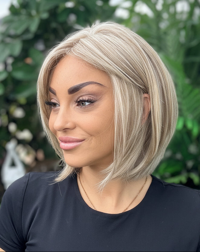 Woman with a stylish haircut standing in front of green foliage