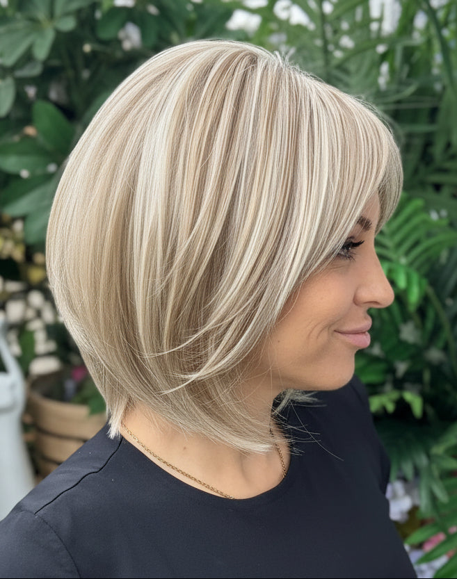 Person with a styled haircut in front of green plants