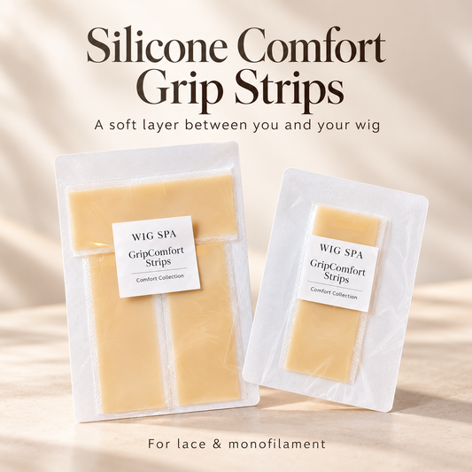 Two packages of WIG SPA GripComfort Strips shown on a soft beige background with text reading 'Silicone Comfort Grip Strips' and 'For lace & monofilament'.