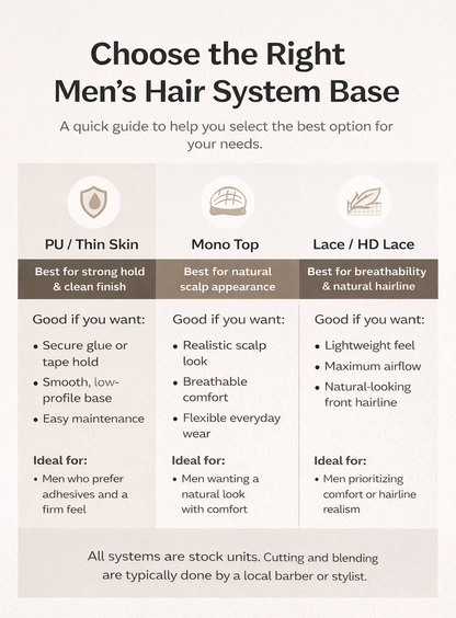 Comparison chart for men's hair system bases with features and benefits.