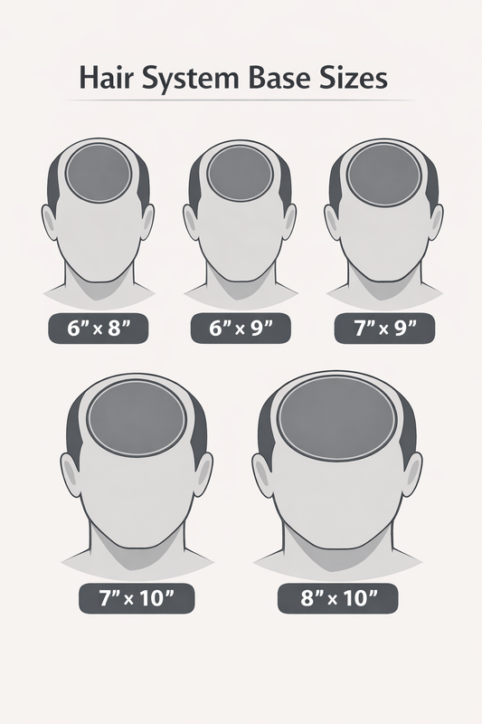 Diagram showing different sizes of hair system bases with labeled dimensions.